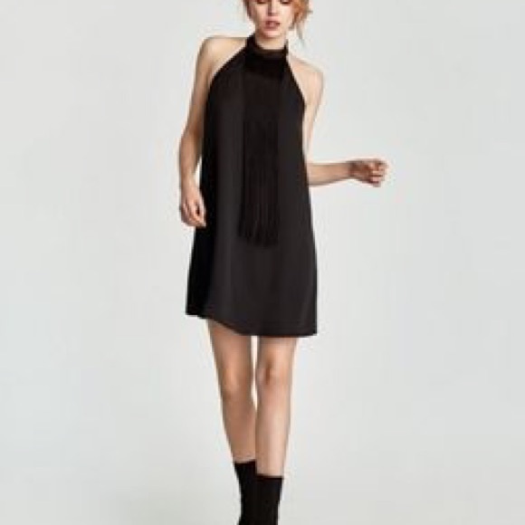 Flapper Dress Zara Black Fringe Collar Mini A-Dress - Picture 2 of 4